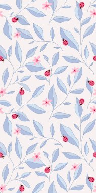 Yaprakları, uğur böcekleri ve çiçekleri olan kusursuz bir desen. Şirin vektör çiçekli arka plan. Kumaş, baskı, kapak, pankart, ambalaj, duvar kağıdı için el çizimi elementler.