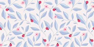 Yaprakları, uğur böcekleri ve çiçekleri olan kusursuz bir desen. Şirin vektör çiçekli arka plan. Kumaş, baskı, kapak, pankart, ambalaj, duvar kağıdı için el çizimi elementler.