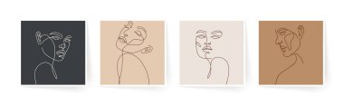 Bir dizi stilize kadın yüzü. Modern tek satır sanatı. Kadın güzellik moda konsepti, minimalist tarz. Vektör illüstrasyonu.