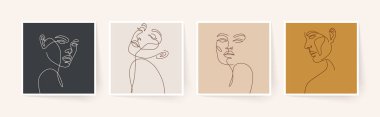 Bir dizi stilize kadın yüzü. Modern tek satır sanatı. Kadın güzellik moda konsepti, minimalist tarz. Vektör illüstrasyonu.