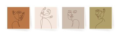 Bir dizi stilize kadın yüzü. Modern tek satır sanatı. Kadın güzellik moda konsepti, minimalist tarz. Vektör illüstrasyonu.
