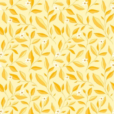 Yaprakları ve küçük çiçekleri olan kusursuz bir desen. Zarif bir çiçek geçmişi var. Vektör illüstrasyonu.