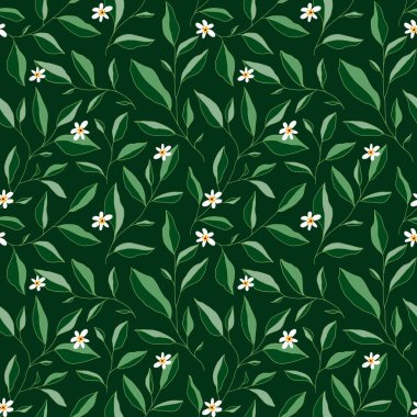 Yaprakları ve küçük çiçekleri olan kusursuz bir desen. Zarif bir çiçek geçmişi var. Vektör illüstrasyonu.