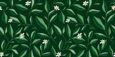 Yaprakları ve küçük çiçekleri olan kusursuz bir desen. Zarif bir çiçek geçmişi var. Vektör illüstrasyonu.