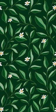 Yaprakları ve küçük çiçekleri olan kusursuz bir desen. Zarif bir çiçek geçmişi var. Vektör illüstrasyonu.