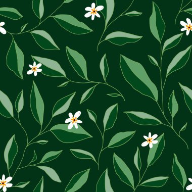 Yaprakları ve küçük çiçekleri olan kusursuz bir desen. Zarif bir çiçek geçmişi var. Vektör illüstrasyonu.