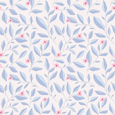 Yaprakları ve küçük çiçekleri olan kusursuz bir desen. Zarif bir çiçek geçmişi var. Vektör illüstrasyonu.