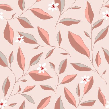 Yaprakları ve küçük çiçekleri olan kusursuz bir desen. Zarif bir çiçek geçmişi var. Vektör illüstrasyonu.