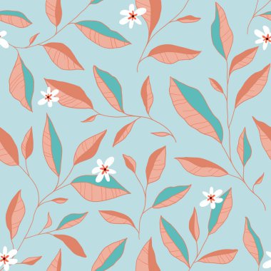 Yaprakları ve küçük çiçekleri olan kusursuz bir desen. Zarif bir çiçek geçmişi var. Vektör illüstrasyonu.