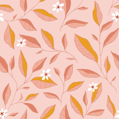 Yaprakları ve küçük çiçekleri olan kusursuz bir desen. Zarif bir çiçek geçmişi var. Vektör illüstrasyonu.