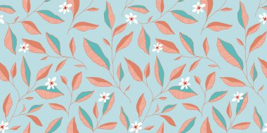 Yaprakları ve küçük çiçekleri olan kusursuz bir desen. Zarif bir çiçek geçmişi var. Vektör illüstrasyonu.