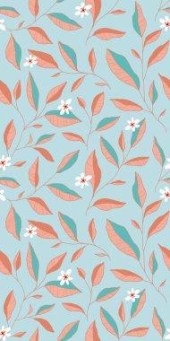 Yaprakları ve küçük çiçekleri olan kusursuz bir desen. Zarif bir çiçek geçmişi var. Vektör illüstrasyonu.