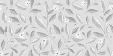 Yaprakları ve küçük çiçekleri olan kusursuz bir desen. Zarif bir çiçek geçmişi var. Vektör illüstrasyonu.