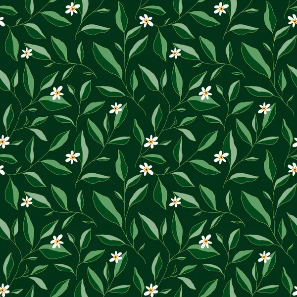 Yaprakları ve küçük çiçekleri olan kusursuz bir desen. Zarif bir çiçek geçmişi var. Vektör illüstrasyonu.