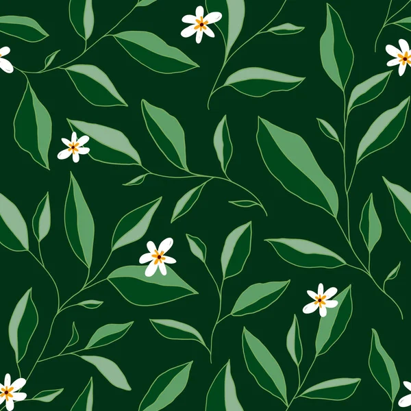 Yaprakları ve küçük çiçekleri olan kusursuz bir desen. Zarif bir çiçek geçmişi var. Vektör illüstrasyonu.