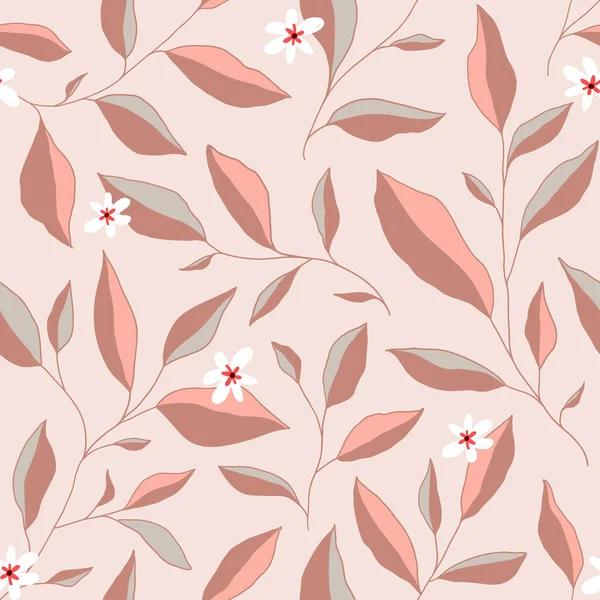 Yaprakları ve küçük çiçekleri olan kusursuz bir desen. Zarif bir çiçek geçmişi var. Vektör illüstrasyonu.