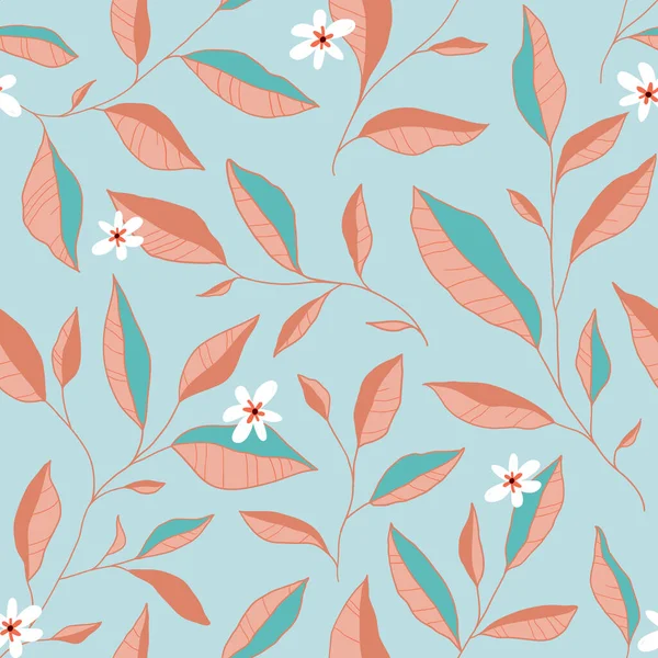 Yaprakları ve küçük çiçekleri olan kusursuz bir desen. Zarif bir çiçek geçmişi var. Vektör illüstrasyonu.