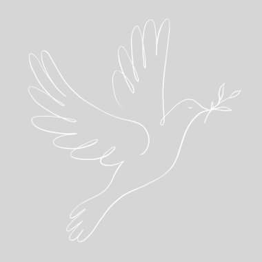 Sürekli bir çizgi halinde uçan güvercin zeytin dalı tutuyor. Barış güvercini işareti ve özgürlük işareti kavramı. Çizgi sanatı, vektör illüstrasyonu.