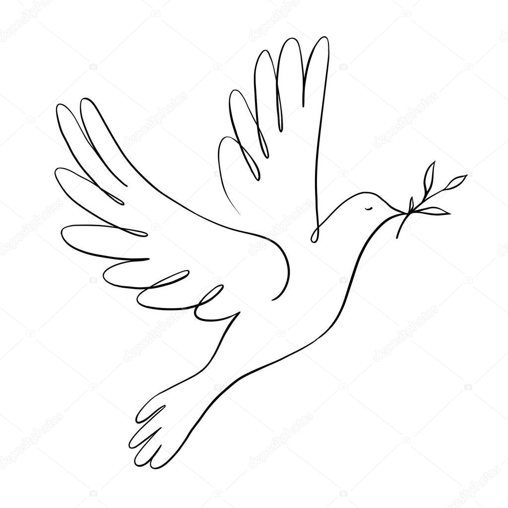 Continuous one line drawing of flying dove holding an olive branch. Peace dove sign and freedom sign concept. Line art, vector illustration.