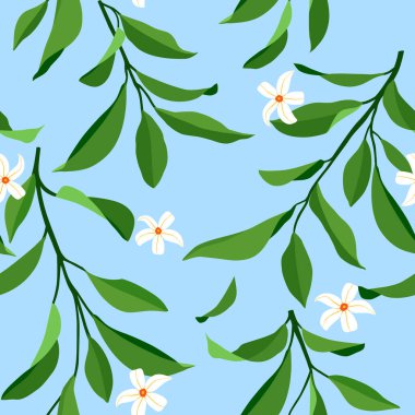 Yapraklar ve çiçeklerle kusursuz bir yaz şablonu. Kumaş, duvar kağıdı, baskı, kapak, pankart ve davetiye için seçici zarif arkaplan.