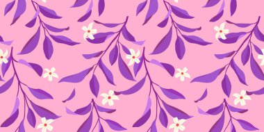 Yapraklar ve çiçeklerle kusursuz bir yaz şablonu. Kumaş, duvar kağıdı, baskı, kapak, pankart ve davetiye için seçici zarif arkaplan.