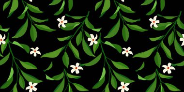 Yapraklar ve çiçeklerle kusursuz bir yaz şablonu. Kumaş, duvar kağıdı, baskı, kapak, pankart ve davetiye için seçici zarif arkaplan.