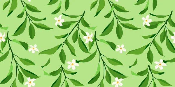 Seamless Summer Pattern Leaves Flowers Vector Elegant Floral Background Fabric — Stock Vector