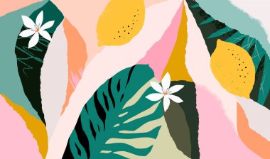 Tropikal yapraklar, limonlar ve çiçeklerle modern renkli kolaj. Soyut yaz arkaplanı. Vektör illüstrasyonu.