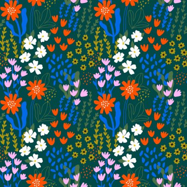 El çizimi çayır çiçekleri ile soyut, pürüzsüz desen. Moda tarzı doğal arka plan. Vektör illüstrasyonu.