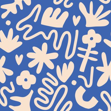 El çizimi, soyut şekiller ve çiçeklerle çağdaş sanat kolajı. Modern İskandinav kesim elementleriyle vektör kusursuz desen.