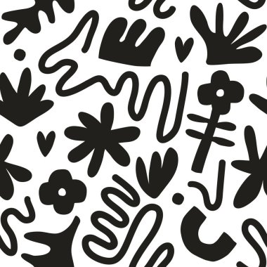 El çizimi, soyut şekiller ve çiçeklerle çağdaş sanat kolajı. Modern İskandinav kesim elementleriyle vektör kusursuz desen.