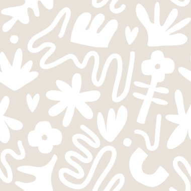 El çizimi, soyut şekiller ve çiçeklerle çağdaş sanat kolajı. Modern İskandinav kesim elementleriyle vektör kusursuz desen.