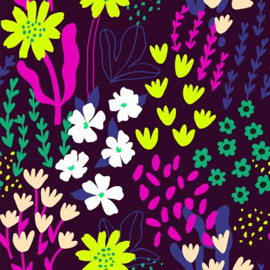 El çizimi çayır çiçekleri ile soyut, pürüzsüz desen. Moda tarzı doğal arka plan. Vektör illüstrasyonu.