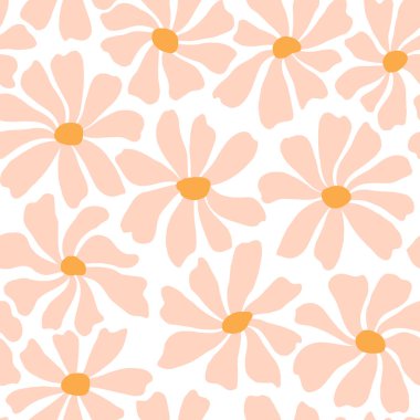 Groovy daisy flower seamless pattern. Cute hand drawn floral background. Vector illustration.