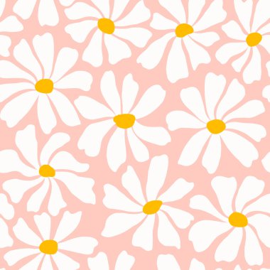 Groovy daisy flower seamless pattern. Cute hand drawn floral background. Vector illustration.