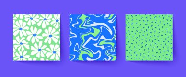 Bir dizi havalı, soyut özgeçmiş. Renkli Y2k arka planlar. Vektör el garip desenler çizdi.