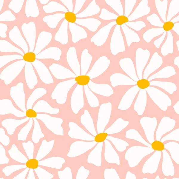 Groovy Daisy Flower Seamless Pattern Cute Hand Drawn Floral Background — Vetor de Stock