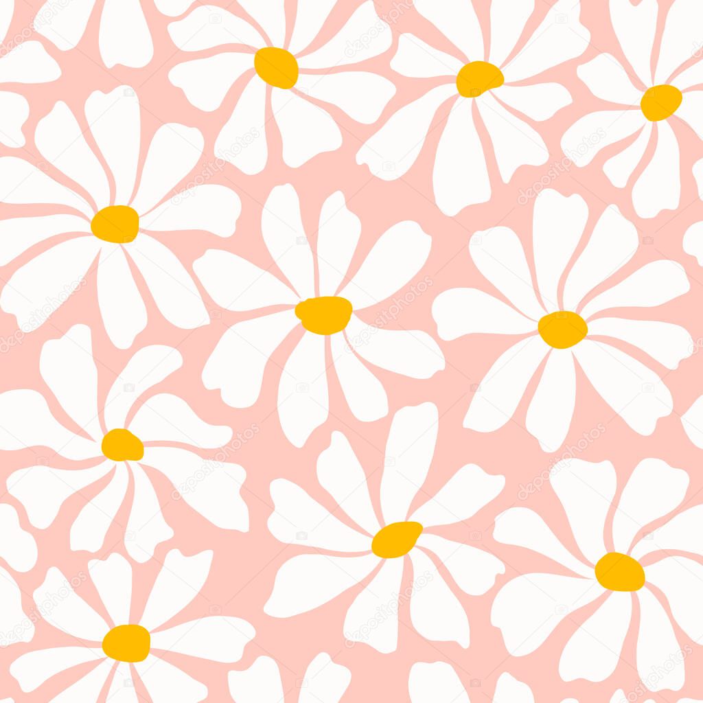 Groovy daisy flower seamless pattern. Cute hand drawn floral background. Vector illustration.