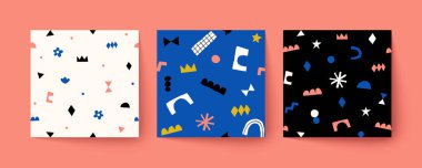 Set of cute seamless patterns in scandinavian style. Hand drawn contemporary art collages with abstract shapes. Vector illustration.