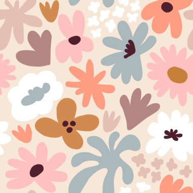 Abstract seamless pattern with cute hand drawn meadow flowers. Fashion stylish natural background. Hand drawn design elements for fabric, print, cover, banner, wrapping, wallpaper.