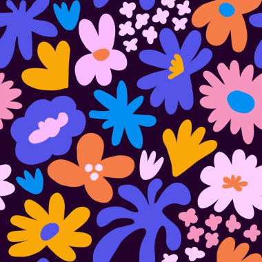 Abstract seamless pattern with cute hand drawn meadow flowers. Fashion stylish natural background. Hand drawn design elements for fabric, print, cover, banner, wrapping, wallpaper.