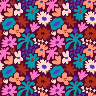 Abstract seamless pattern with cute hand drawn meadow flowers. Fashion stylish natural background. Hand drawn design elements for fabric, print, cover, banner, wrapping, wallpaper.