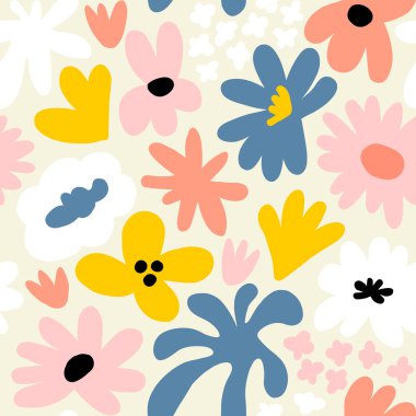 Abstract seamless pattern with cute hand drawn meadow flowers. Fashion stylish natural background. Hand drawn design elements for fabric, print, cover, banner, wrapping, wallpaper.
