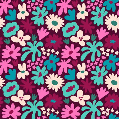 Abstract seamless pattern with cute hand drawn meadow flowers. Fashion stylish natural background. Hand drawn design elements for fabric, print, cover, banner, wrapping, wallpaper.