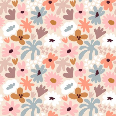 Abstract seamless pattern with cute hand drawn meadow flowers. Fashion stylish natural background. Hand drawn design elements for fabric, print, cover, banner, wrapping, wallpaper.