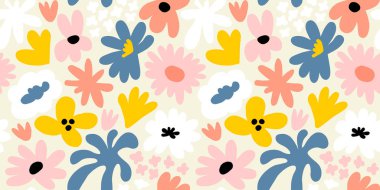 Abstract seamless pattern with cute hand drawn meadow flowers. Fashion stylish natural background. Hand drawn design elements for fabric, print, cover, banner, wrapping, wallpaper.