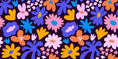 Abstract seamless pattern with cute hand drawn meadow flowers. Fashion stylish natural background. Hand drawn design elements for fabric, print, cover, banner, wrapping, wallpaper.