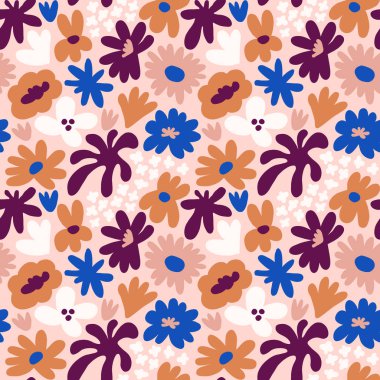 Abstract seamless pattern with cute hand drawn meadow flowers. Fashion stylish natural background. Hand drawn design elements for fabric, print, cover, banner, wrapping, wallpaper.