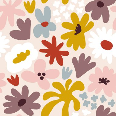 Abstract seamless pattern with cute hand drawn meadow flowers. Fashion stylish natural background. Hand drawn design elements for fabric, print, cover, banner, wrapping, wallpaper.