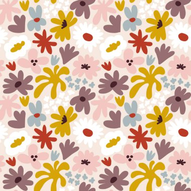 Abstract seamless pattern with cute hand drawn meadow flowers. Fashion stylish natural background. Hand drawn design elements for fabric, print, cover, banner, wrapping, wallpaper.